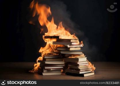 Stack book fire. Hot dark smoke. Generate AI. Stack book fire. Generate AI