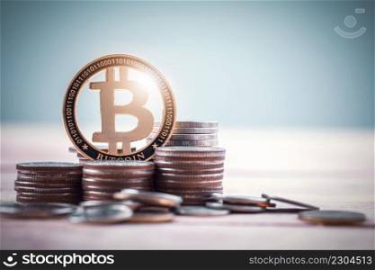Stack coin of single gold bitcoins on retro background , financial investment concept and Mining Bitcoin cryptocurrency or blockchain technology