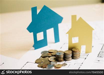 stack coins paper houses. High resolution photo. stack coins paper houses. High quality photo