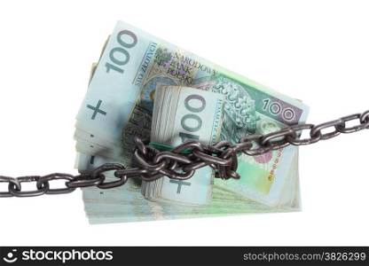 Stack money for security and investment. Polish currency zloty paper banknotes in chain. Isolated on white