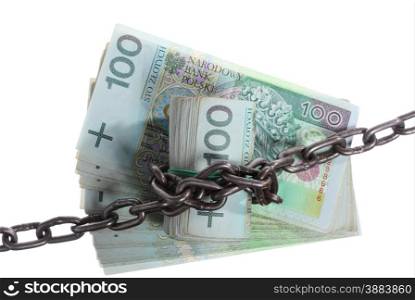 Stack money for security and investment. Polish currency zloty paper banknotes in chain. Isolated on white