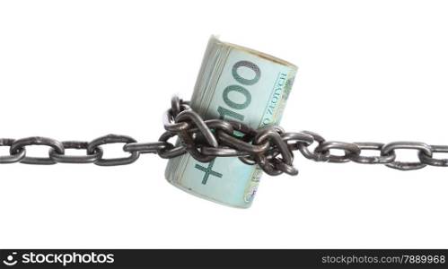 Stack money for security and investment. Polish zloty currency roll paper banknotes in chain. Isolated on white