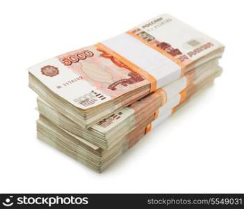 Stack of 5000 rubles packs isolated on white