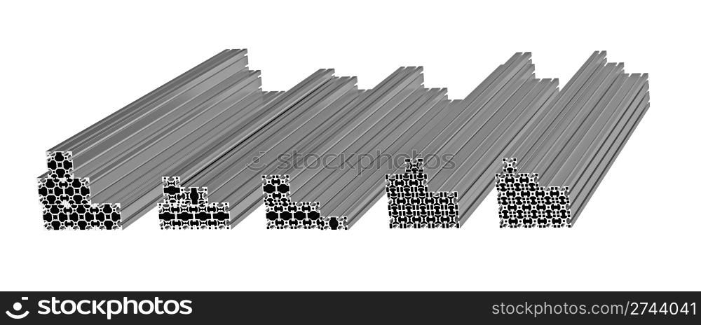 Stack of aluminum extruded profiles isolated on white 3d render