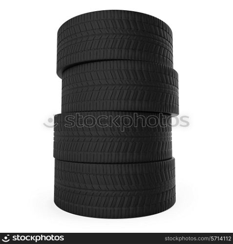 Stack of automobile tyres isolated on white background.