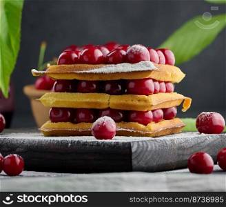 Stack of baked Belgian waffles with ripe red cherries sprinkled with powdered sugar, breakfast