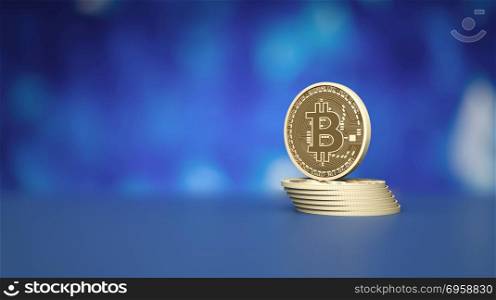 Stack of bitcoins on blue background to illustrate blockchain an. Stack of bitcoins on blue background to illustrate blockchain and cyber currency. Stack of bitcoins on blue background to illustrate blockchain and cyber currency