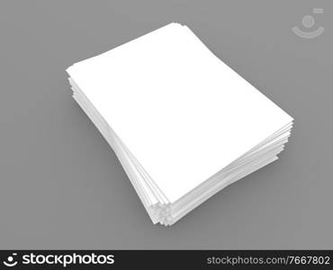 Stack of blank A4 white paper template sheets on gray background. 3d render illustration.. Stack of blank A4 white paper template sheets on gray background. 