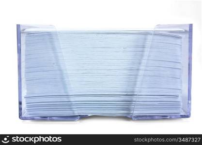 stack of blue paper in a transparent box isolated on white