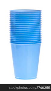 stack of blue plastic cups isolated on white background
