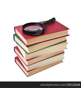 stack of books and magnifying glass isolated