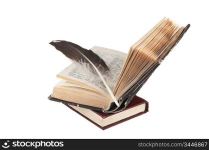 stack of books and quill isolated on white background