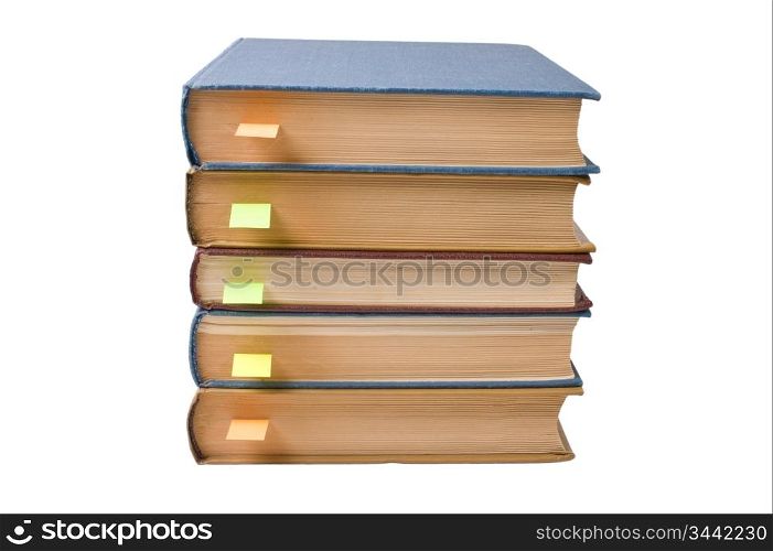 stack of books with bookmarks isolated on a white background