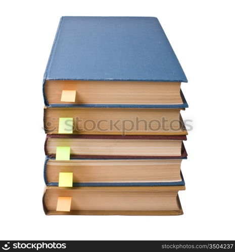 stack of books with bookmarks isolated on a white background