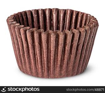 Stack of brown paper cups for baking muffins isolated on white background