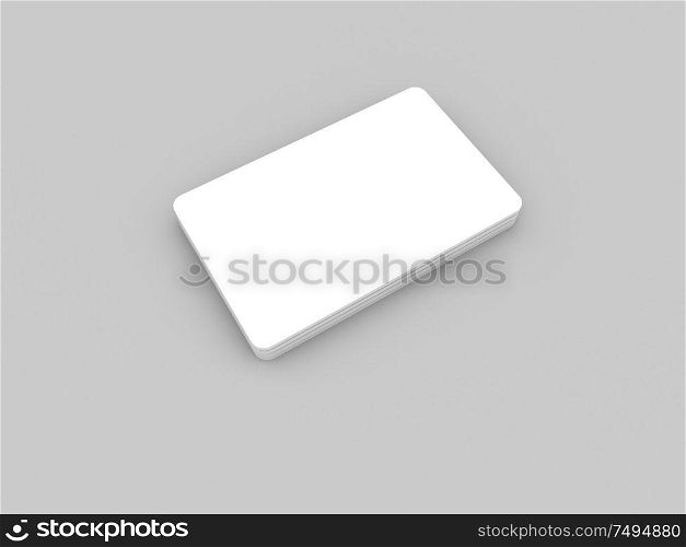 Stack of business cards on a gray background. 3d render illustration.. Stack of business cards on a gray background.