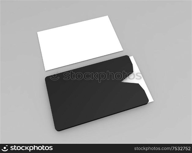 Stack of business cards on a gray background. 3d render illustration.. Stack of business cards on a gray background.
