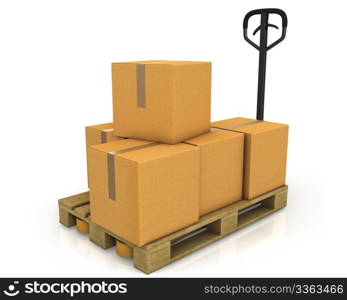 Stack of carton boxes on a pallet with a pallet truck isolated on white background