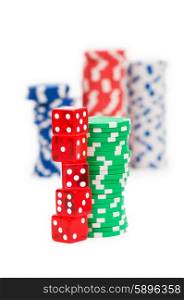 Stack of chips and dice isolated on the white background