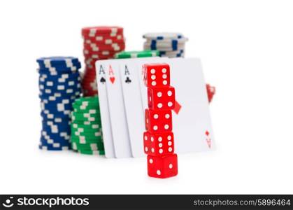 Stack of chips and dice isolated on the white background