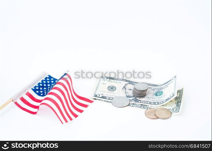 Stack of coins and dollars bill with usa flag on white, Business and finacial concept