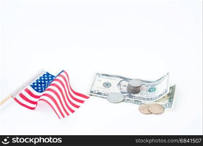 Stack of coins and dollars bill with usa flag on white, Business and finacial concept