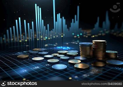 Stack of coins and stock market chart on dark background. Business and finance concept. 3D Rendering