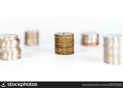 Stack of coins macro. Rows of coins for finance and banking concept. Economy trends background for business idea and all art work design. Closeup, Shallow depth of field. Toned.. Stack of coins macro. Rows of coins for finance and banking concept. Economy trends background for business idea.