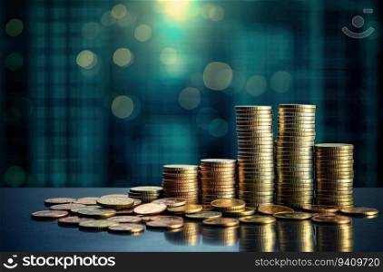 Stack of coins on the table with bokeh background, business concept