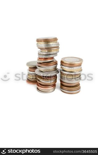 Stack of coins over white background