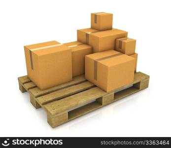 Stack of different sized carton boxes on wooden pallet isolated on white background