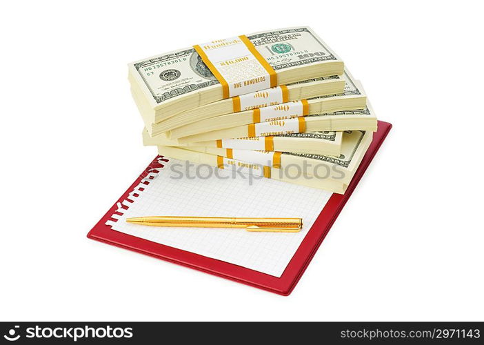 Stack of dollars and blank pad isolated