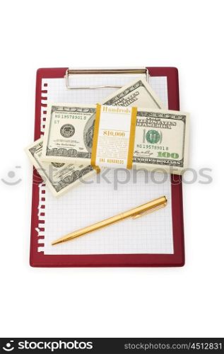 Stack of dollars and blank pad isolated
