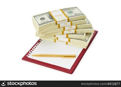 Stack of dollars and blank pad isolated