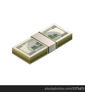 Stack of dummy one hundred US dollars banknote from back side in isometric view isolated on white. Stack of dummy one hundred US dollars banknote from back side in isometric view on white