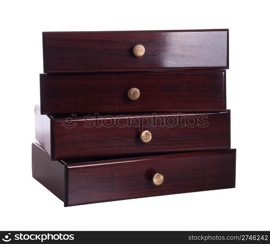 stack of four classic wooden drawers isolated on white background