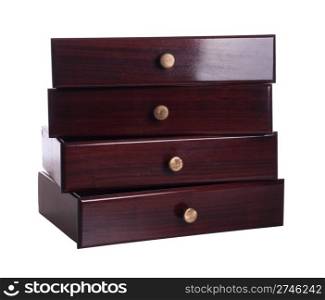 stack of four classic wooden drawers isolated on white background