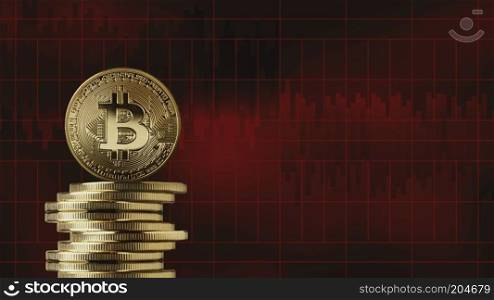 Stack of gold coins bitcoin on a red market charts background. The fall of the crypto currency, bad news. cryptocurrency and blockchain concept, can be used for video or site cover or news. Stack of gold coins bitcoin on a red background