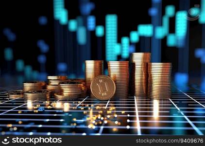 Stack of gold coins on the background of financial chart. 3d illustration.