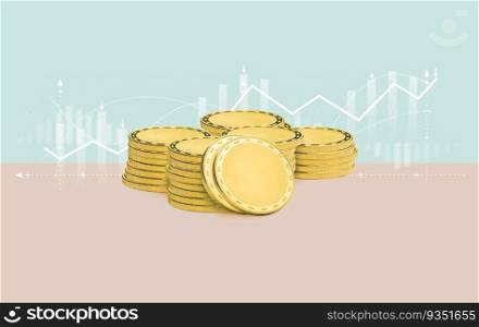 Stack of gold coins on the background of financial charts. 3D illustration