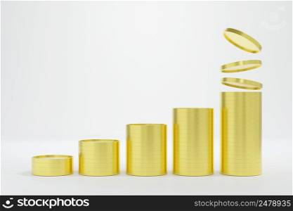 Stack of golden coins growing graph (coins pile) on background with earning profit Economy, financ and Saving money growthconcept. Gold coins or currency of business. 3D rendering.