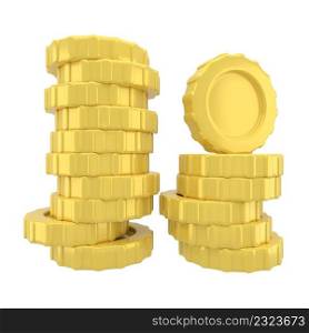 Stack of golden coins on white background with earning profit concept. Gold coins or currency of business. 3D rendering. Stack of golden coins on white background with earning profit concept. Gold coins or currency of business. 3D rendering.