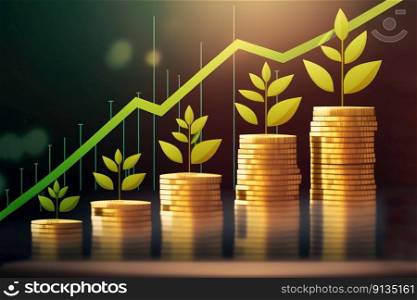 Stack of Golden Coins with Plant Grow on Top For Investment Profit Growing Concept Created with Generative AI Technology