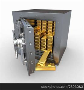Stack of golden ingots in bank vault. 3d