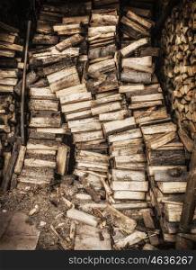 Stack of good dried firewood , outdoor