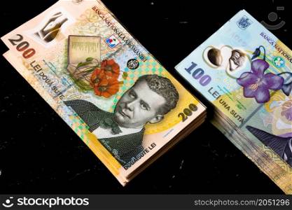 Stack of LEI Romanian money. RON Leu Money European Currency