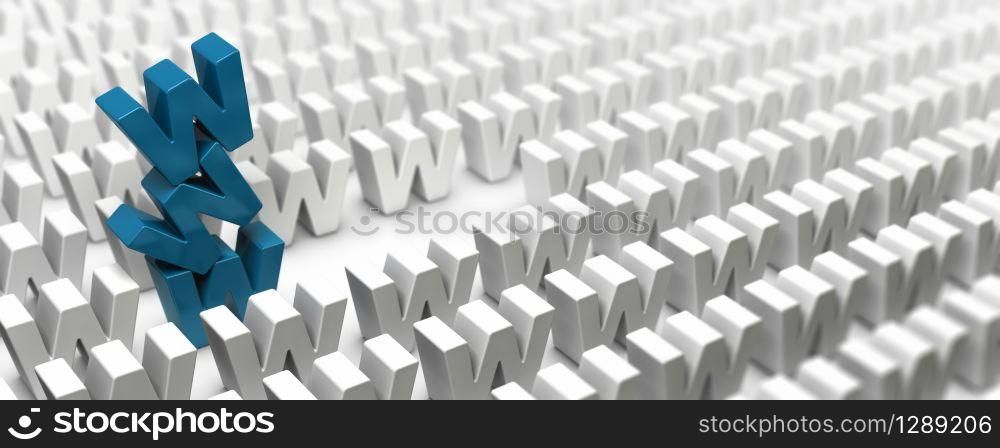 Stack of letter w forming a www tower in the middle of a crowd of letters, image suitable for internet strategy, 3D render. Search Engine Marketing Concept. Banner