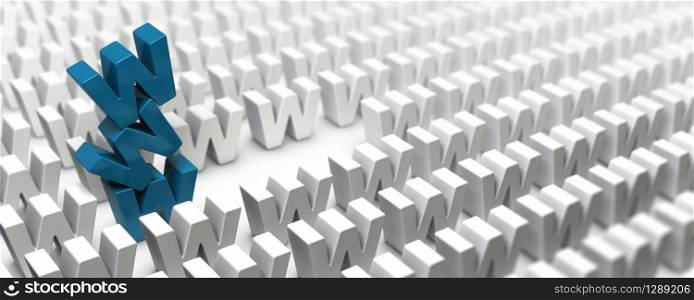 Stack of letter w forming a www tower in the middle of a crowd of letters, image suitable for internet strategy, 3D render. Search Engine Marketing Concept. Banner