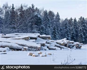 Stack of logs under snow in winter time