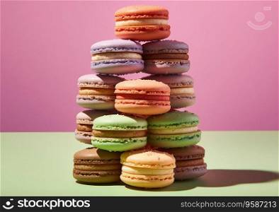 Stack of macarons dessert cream pastry on green and pink background.AI Generative